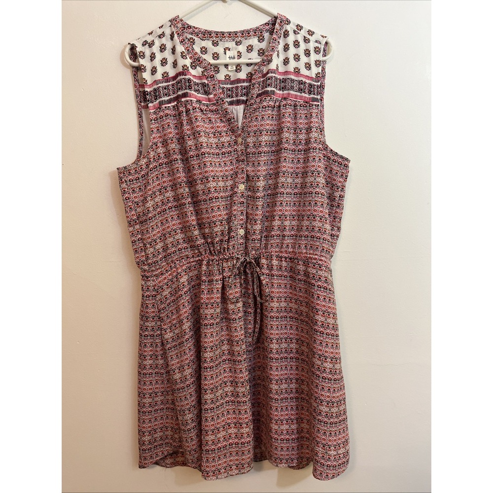 Gap XL Dress Sleeveless Pink Brown‎ White Button Tie Waist Boho